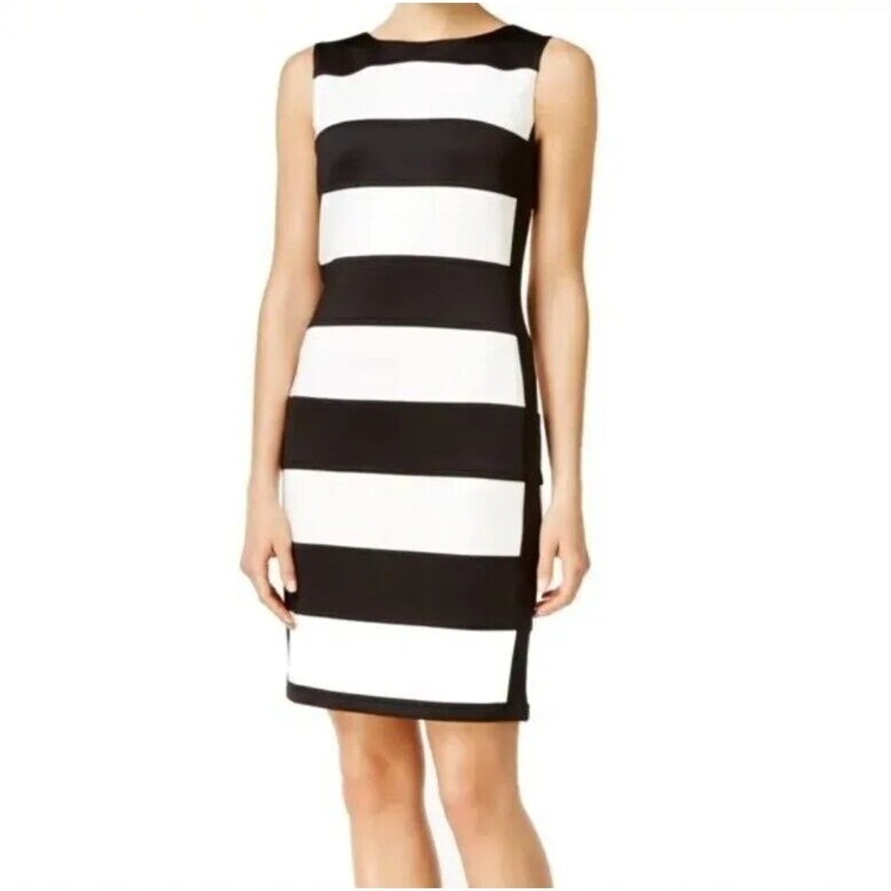 Calvin Klein Striped Sheath Dress 12 Black White Ponte Knit Lined Sleeveless